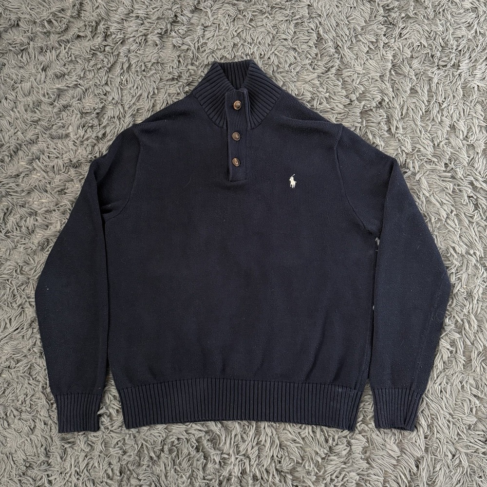 Polo Ralph Lauren 3 Button Pullover Sweater Mens Large Blue Button Up Jumper VTG